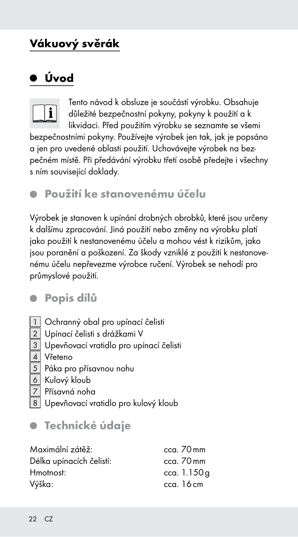 Vákuový svěrák, Úvod, Použití ke stanovenému účelu | Popis dílů, Technické údaje | Powerfix Z29760B User Manual | Page 22 / 33