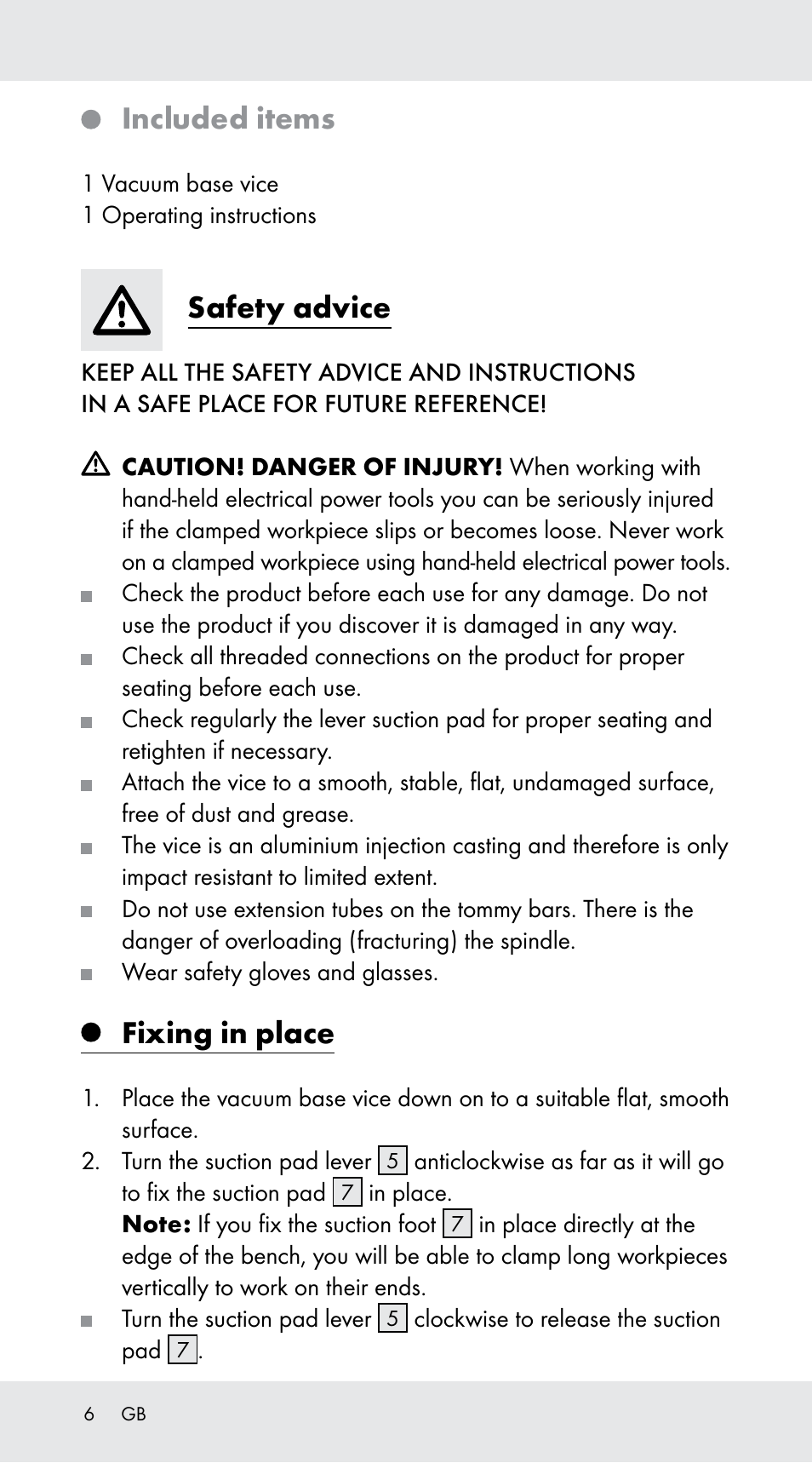 Included items, Safety advice, Fixing in place | Powerfix Z29760B User Manual | Page 6 / 33