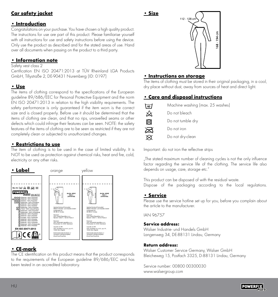 Car safety jacket • introduction, Restrictions to use, Label | Ce-mark, Size • instructions on storage, Care and disposal instructions, Service, Orange yellow | Powerfix HIGH VISIBILITY VEST User Manual | Page 2 / 8