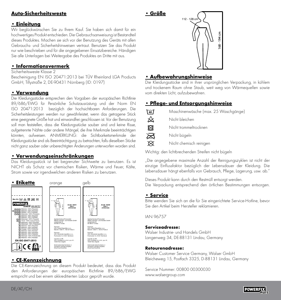 Auto-sicherheitsweste • einleitung, Informationsvermerk, Verwendung | Verwendungseinschränkungen, Etikette, Ce-kennzeichnung, Größe • aufbewahrungshinweise, Pflege- und entsorgungshinweise, Service, Orange gelb | Powerfix HIGH VISIBILITY VEST User Manual | Page 7 / 8