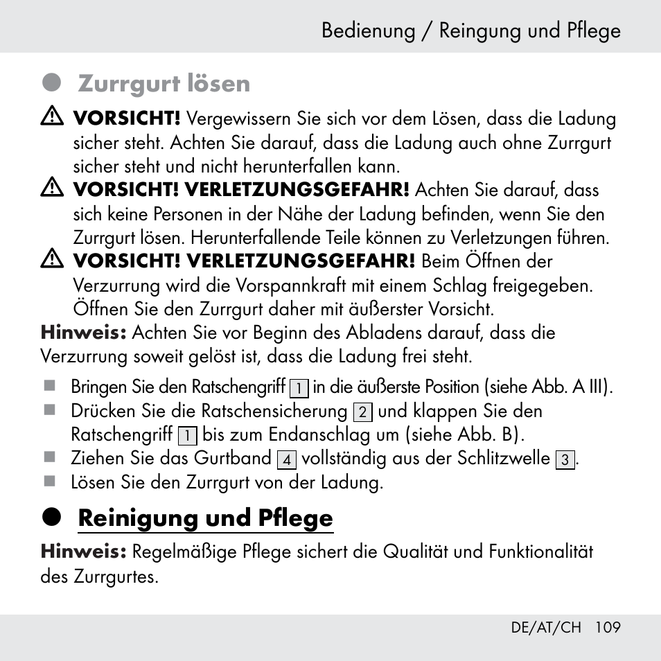 Zurrgurt lösen, Reinigung und pflege | Powerfix Z31361 User Manual | Page 109 / 111