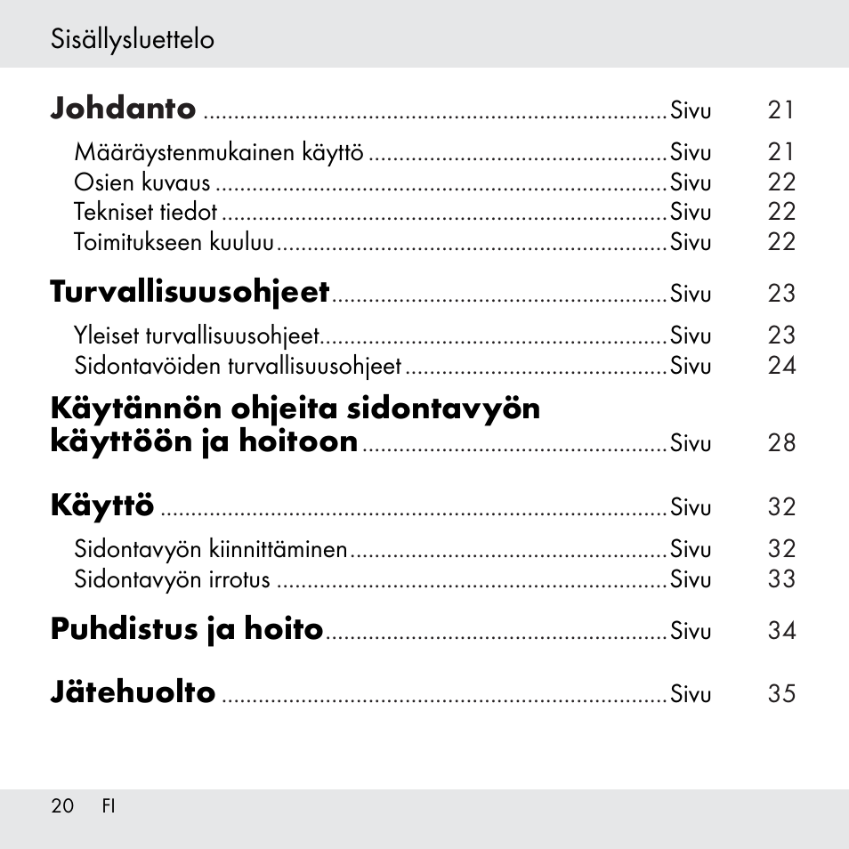 Johdanto, Turvallisuusohjeet, Käytännön ohjeita sidontavyön käyttöön ja hoitoon | Käyttö, Puhdistus ja hoito, Jätehuolto | Powerfix Z31361 User Manual | Page 20 / 111