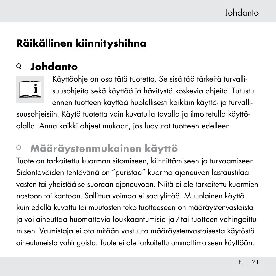 Räikällinen kiinnityshihna, Johdanto, Määräystenmukainen käyttö | Powerfix Z31361 User Manual | Page 21 / 111