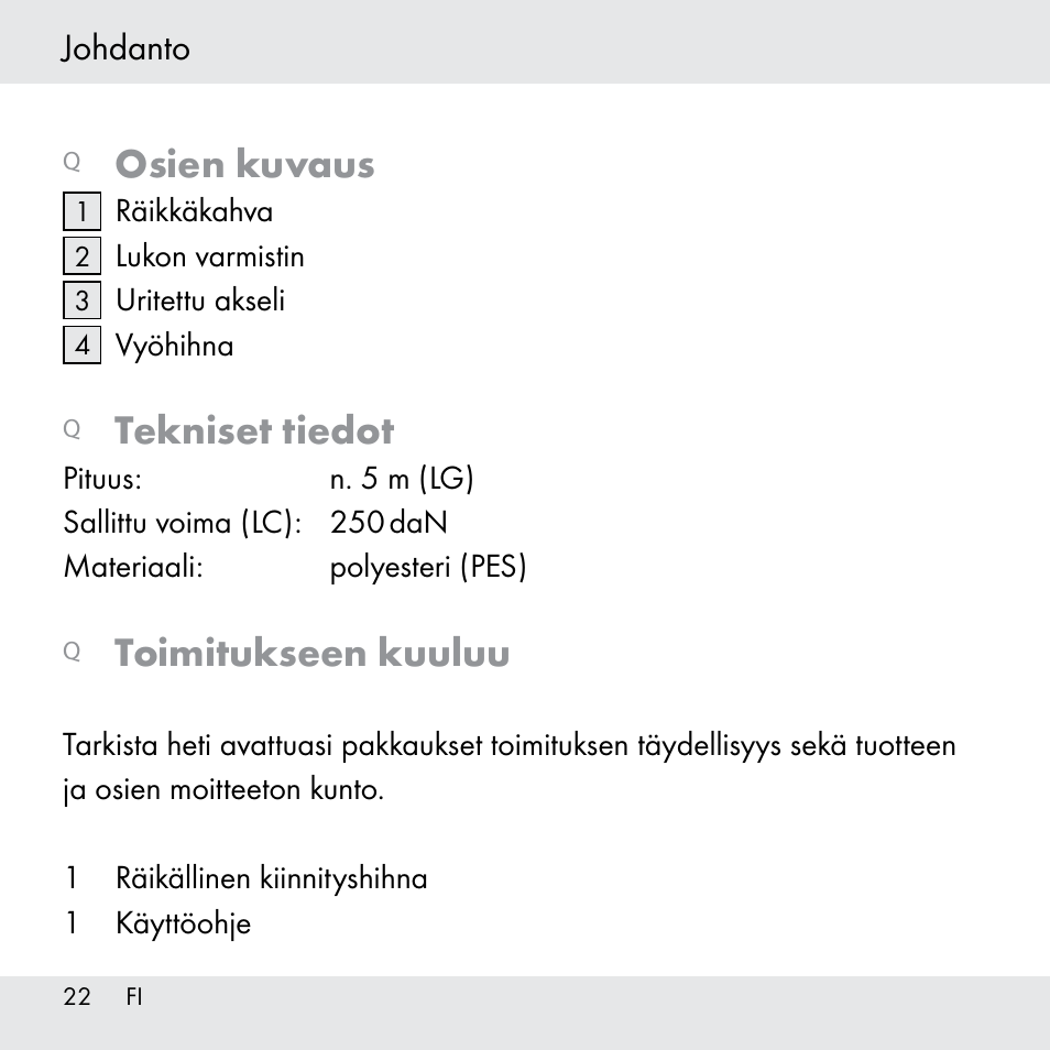 Osien kuvaus, Tekniset tiedot, Toimitukseen kuuluu | Johdanto | Powerfix Z31361 User Manual | Page 22 / 111