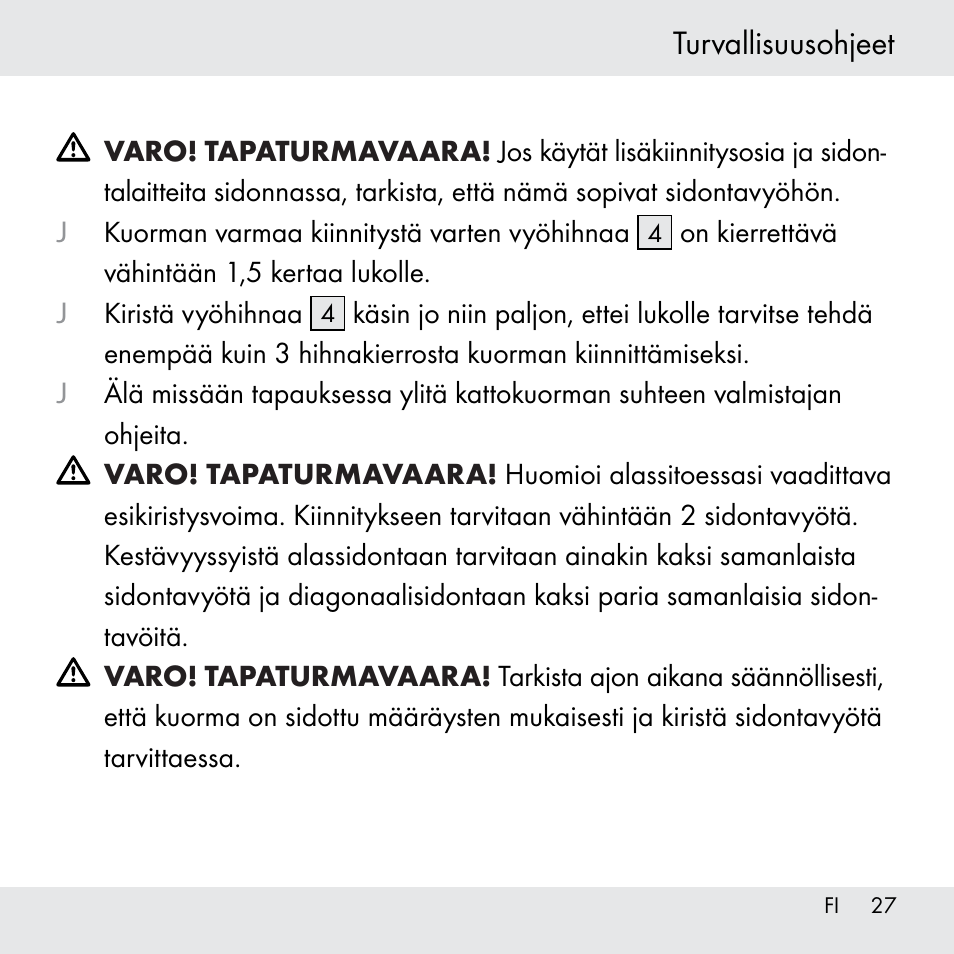 Turvallisuusohjeet | Powerfix Z31361 User Manual | Page 27 / 111