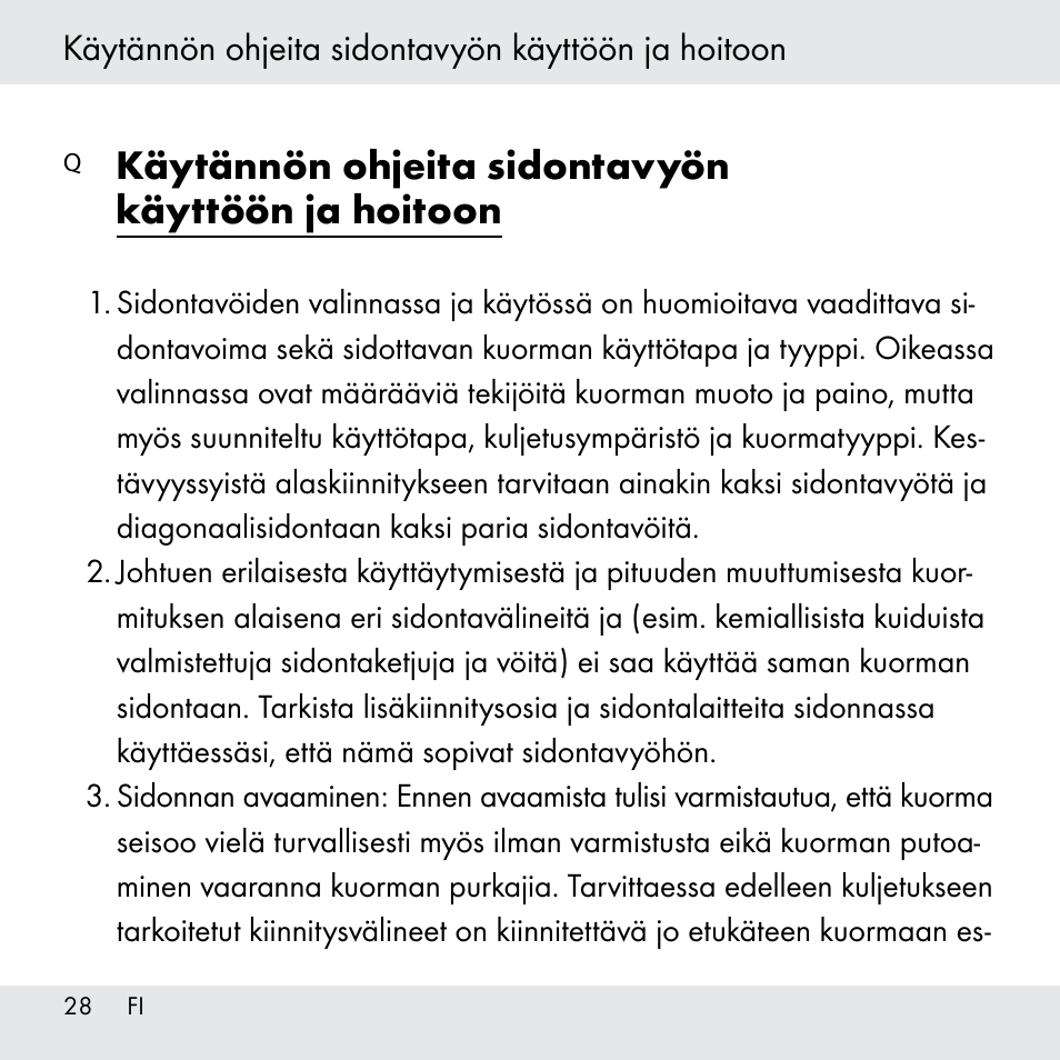 Käytännön ohjeita sidontavyön käyttöön ja hoitoon | Powerfix Z31361 User Manual | Page 28 / 111