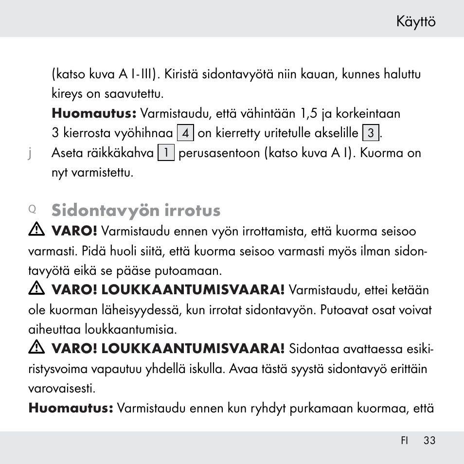 Sidontavyön irrotus, Käyttö | Powerfix Z31361 User Manual | Page 33 / 111