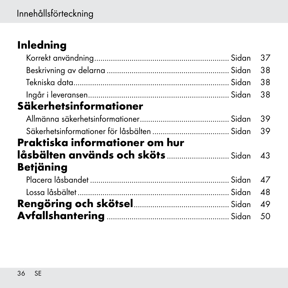 Inledning, Säkerhetsinformationer, Betjäning | Rengöring och skötsel, Avfallshantering, Innehållsförteckning | Powerfix Z31361 User Manual | Page 36 / 111