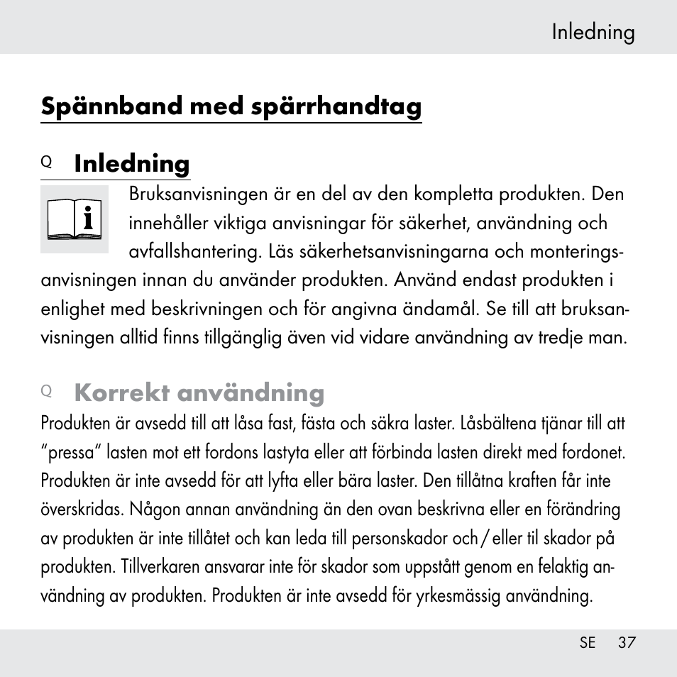 Spännband med spärrhandtag, Inledning, Korrekt användning | Powerfix Z31361 User Manual | Page 37 / 111