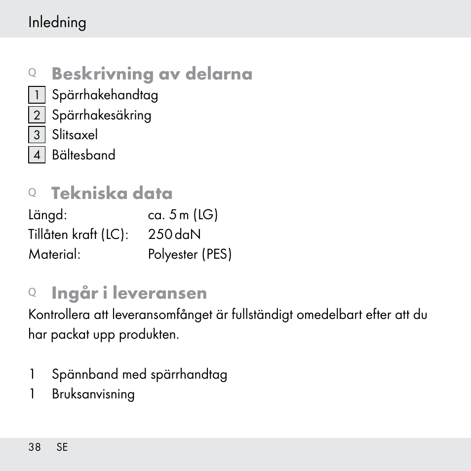 Beskrivning av delarna, Tekniska data, Ingår i leveransen | Inledning | Powerfix Z31361 User Manual | Page 38 / 111