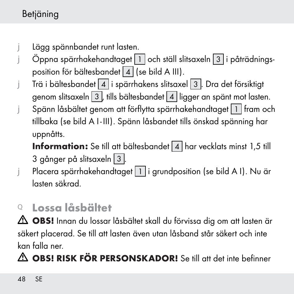 Lossa låsbältet, Betjäning | Powerfix Z31361 User Manual | Page 48 / 111