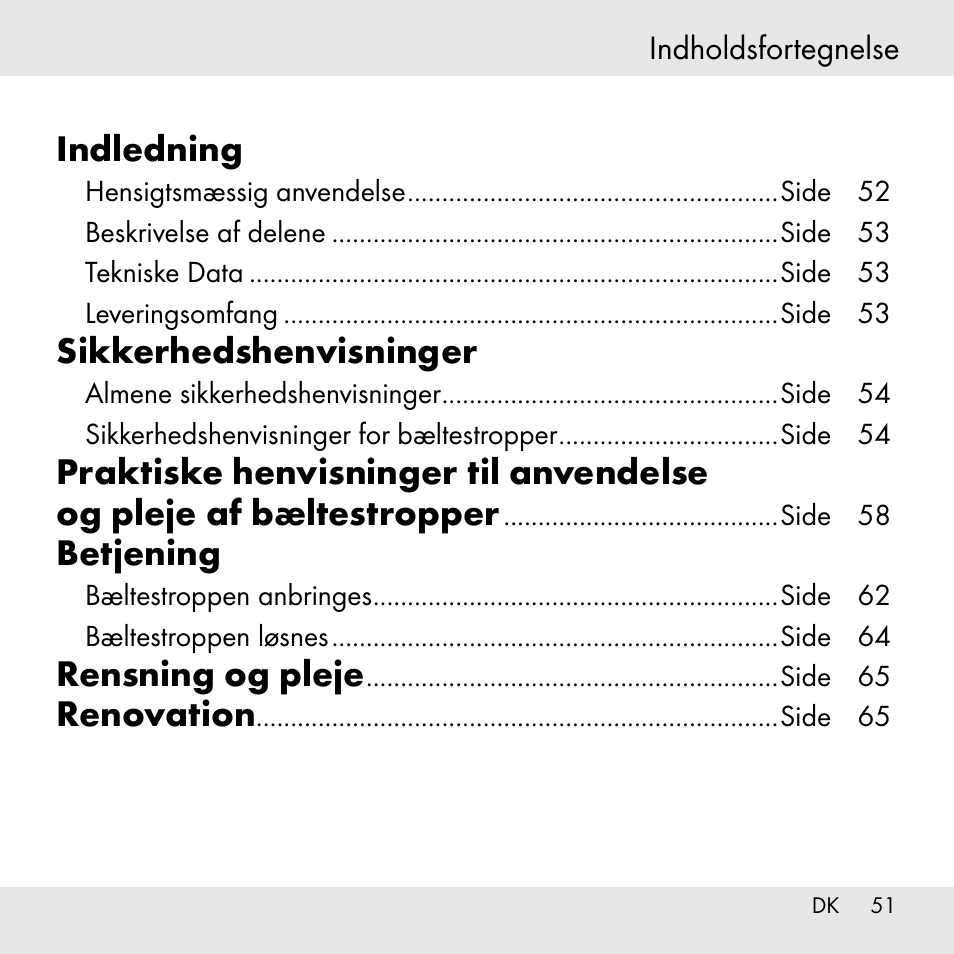 Indledning, Sikkerhedshenvisninger, Betjening | Rensning og pleje, Renovation, Indholdsfortegnelse | Powerfix Z31361 User Manual | Page 51 / 111