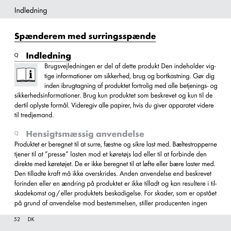 Spænderem med surringsspænde, Indledning, Hensigtsmæssig anvendelse | Powerfix Z31361 User Manual | Page 52 / 111