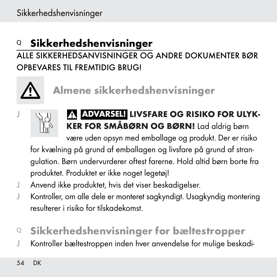 Sikkerhedshenvisninger, Almene sikkerhedshenvisninger, Sikkerhedshenvisninger for bæltestropper | Powerfix Z31361 User Manual | Page 54 / 111