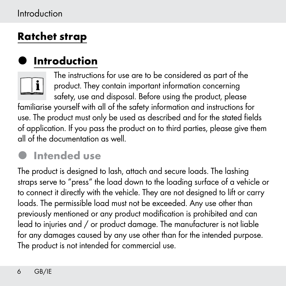 Ratchet strap  introduction, Intended use | Powerfix Z31361 User Manual | Page 6 / 111