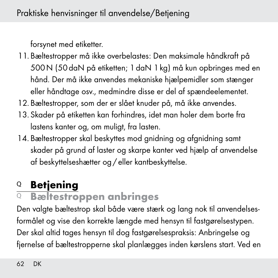 Betjening, Bæltestroppen anbringes, Praktiske henvisninger til anvendelse/betjening | Powerfix Z31361 User Manual | Page 62 / 111