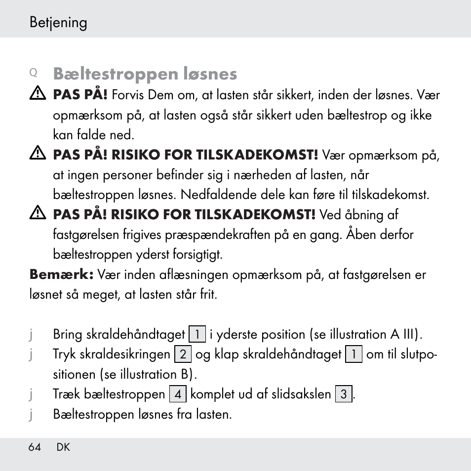 Bæltestroppen løsnes, Betjening | Powerfix Z31361 User Manual | Page 64 / 111