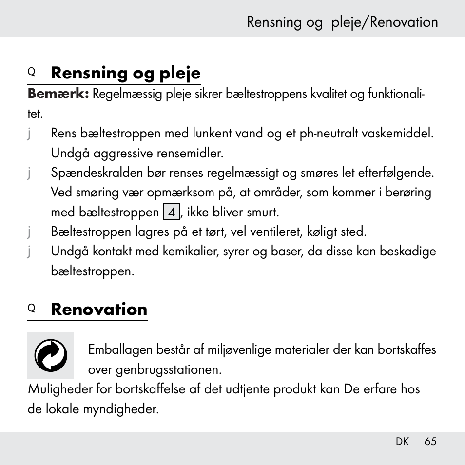 Rensning og pleje, Renovation, Rensning og pleje/renovation | Powerfix Z31361 User Manual | Page 65 / 111