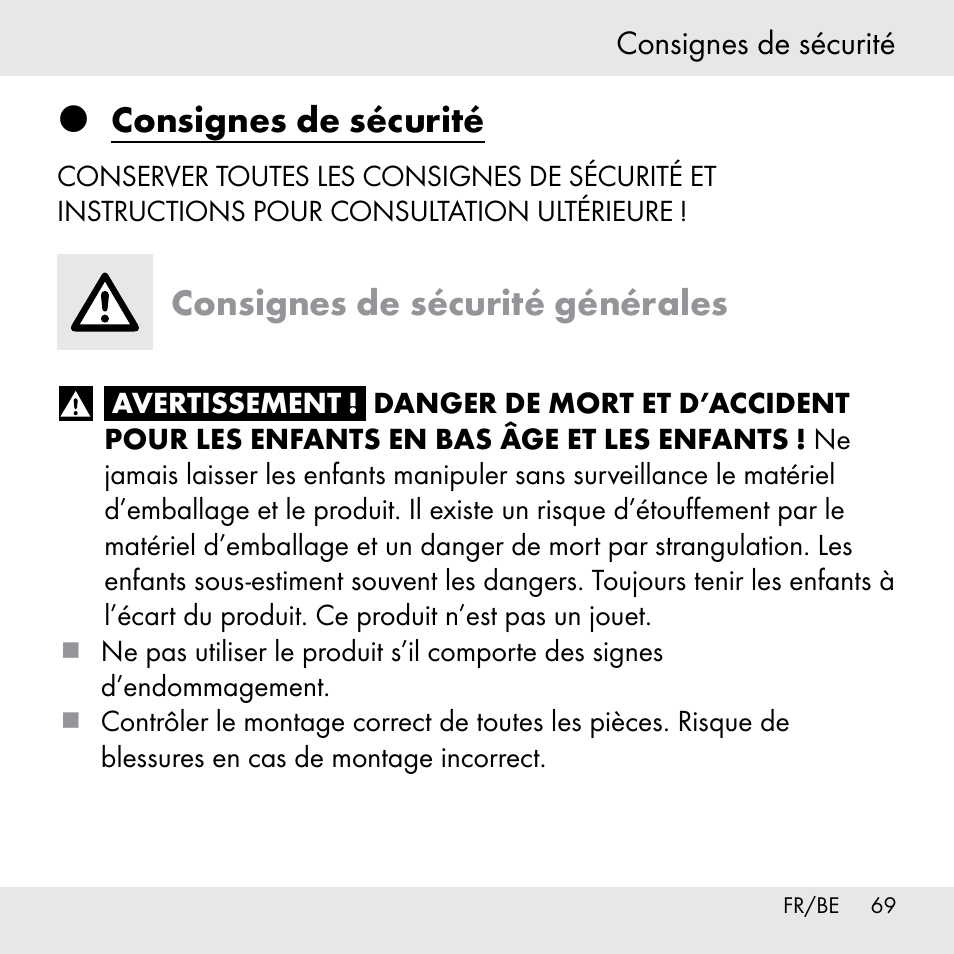 Consignes de sécurité, Consignes de sécurité générales | Powerfix Z31361 User Manual | Page 69 / 111