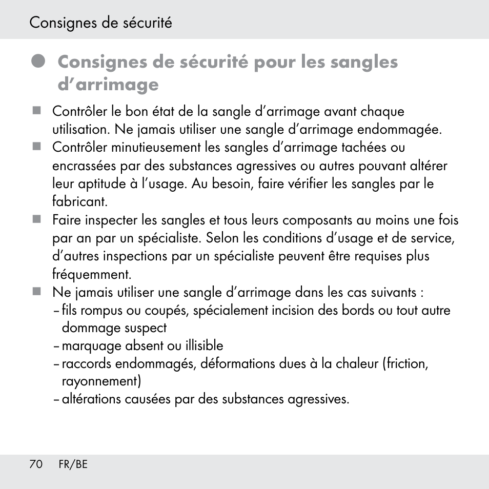 Consignes de sécurité pour les sangles d’arrimage | Powerfix Z31361 User Manual | Page 70 / 111