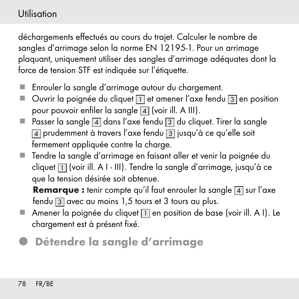 Détendre la sangle d’arrimage, Utilisation | Powerfix Z31361 User Manual | Page 78 / 111