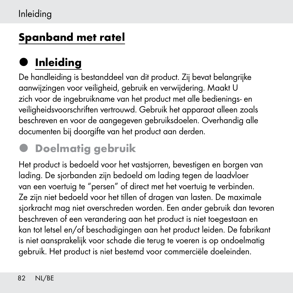 Spanband met ratel  inleiding, Doelmatig gebruik | Powerfix Z31361 User Manual | Page 82 / 111