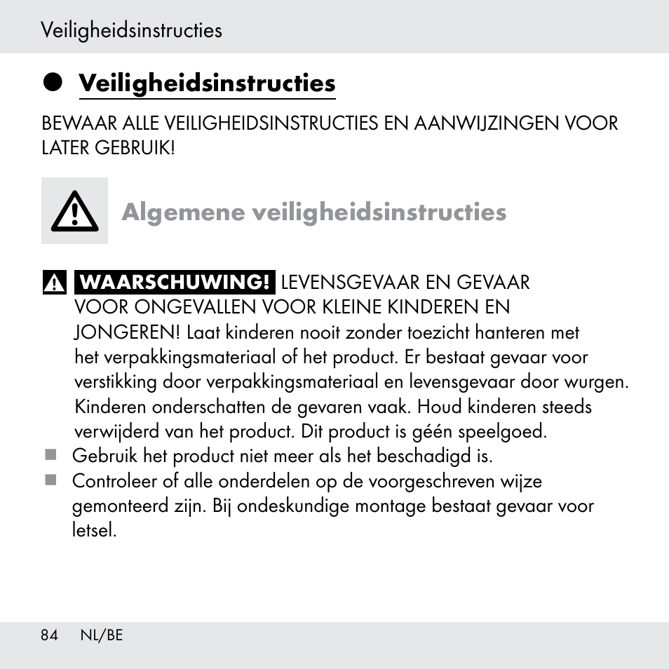 Veiligheidsinstructies, Algemene veiligheidsinstructies | Powerfix Z31361 User Manual | Page 84 / 111