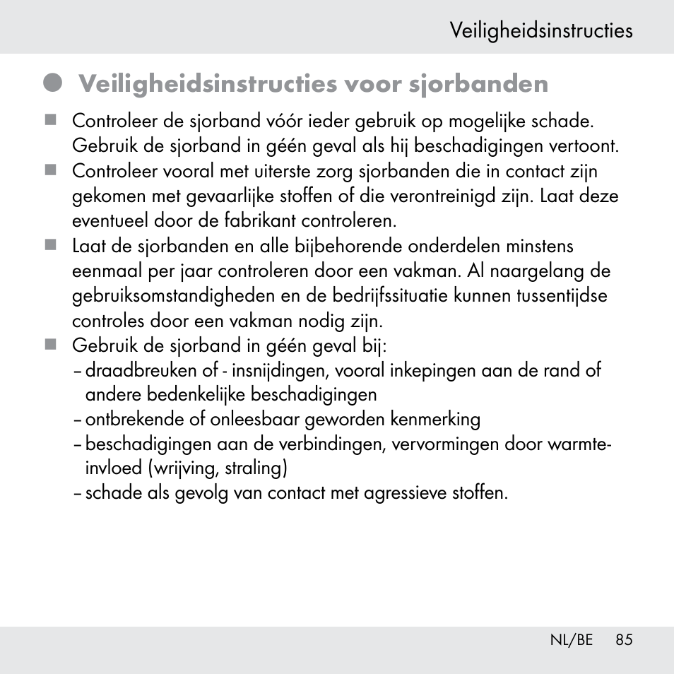 Veiligheidsinstructies voor sjorbanden | Powerfix Z31361 User Manual | Page 85 / 111