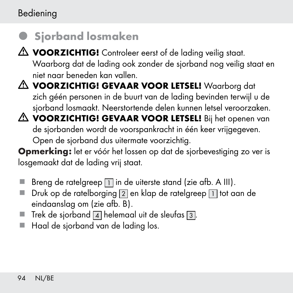 Sjorband losmaken, Bediening | Powerfix Z31361 User Manual | Page 94 / 111