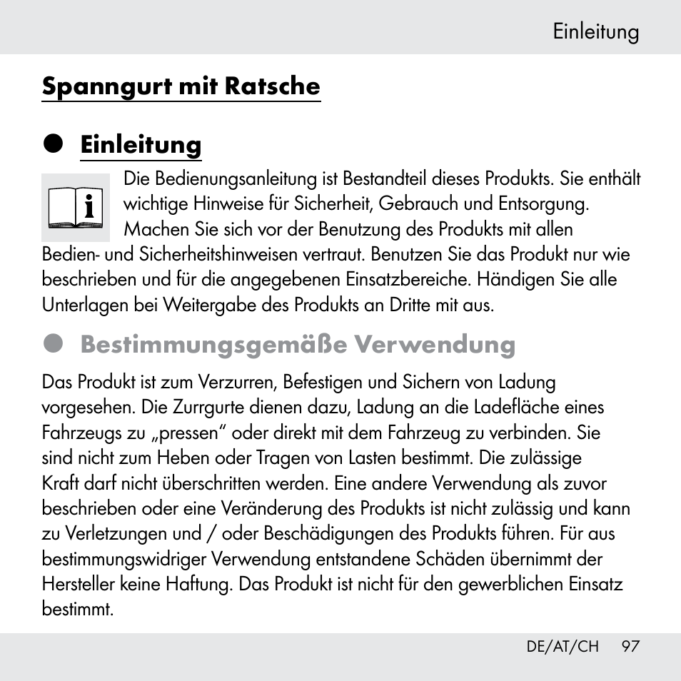 Spanngurt mit ratsche  einleitung, Bestimmungsgemäße verwendung | Powerfix Z31361 User Manual | Page 97 / 111