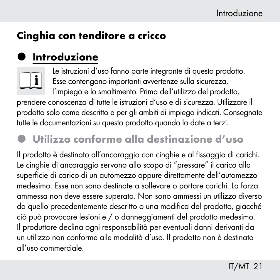 Cinghia con tenditore a cricco  introduzione, Utilizzo conforme alla destinazione d’uso | Powerfix Z31361 User Manual | Page 21 / 80