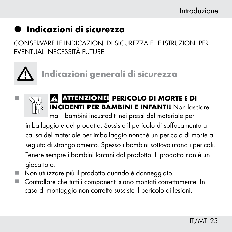 Indicazioni di sicurezza, Indicazioni generali di sicurezza | Powerfix Z31361 User Manual | Page 23 / 80