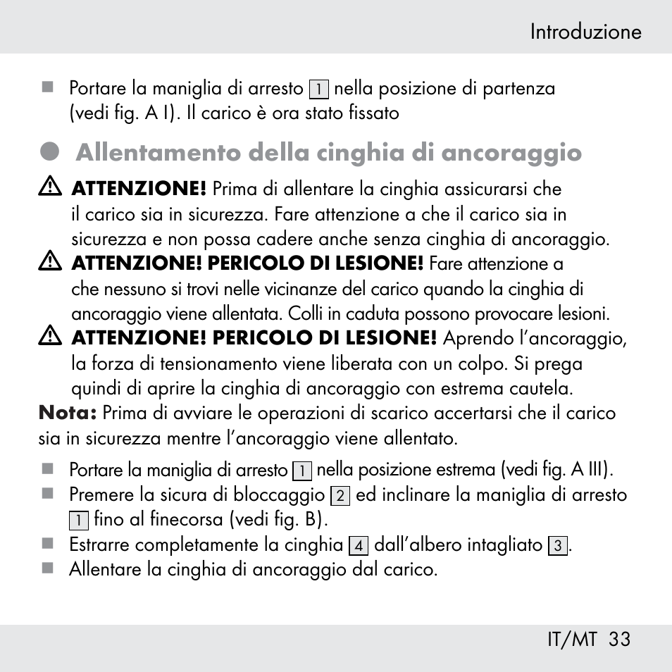 Allentamento della cinghia di ancoraggio, Introduzione | Powerfix Z31361 User Manual | Page 33 / 80