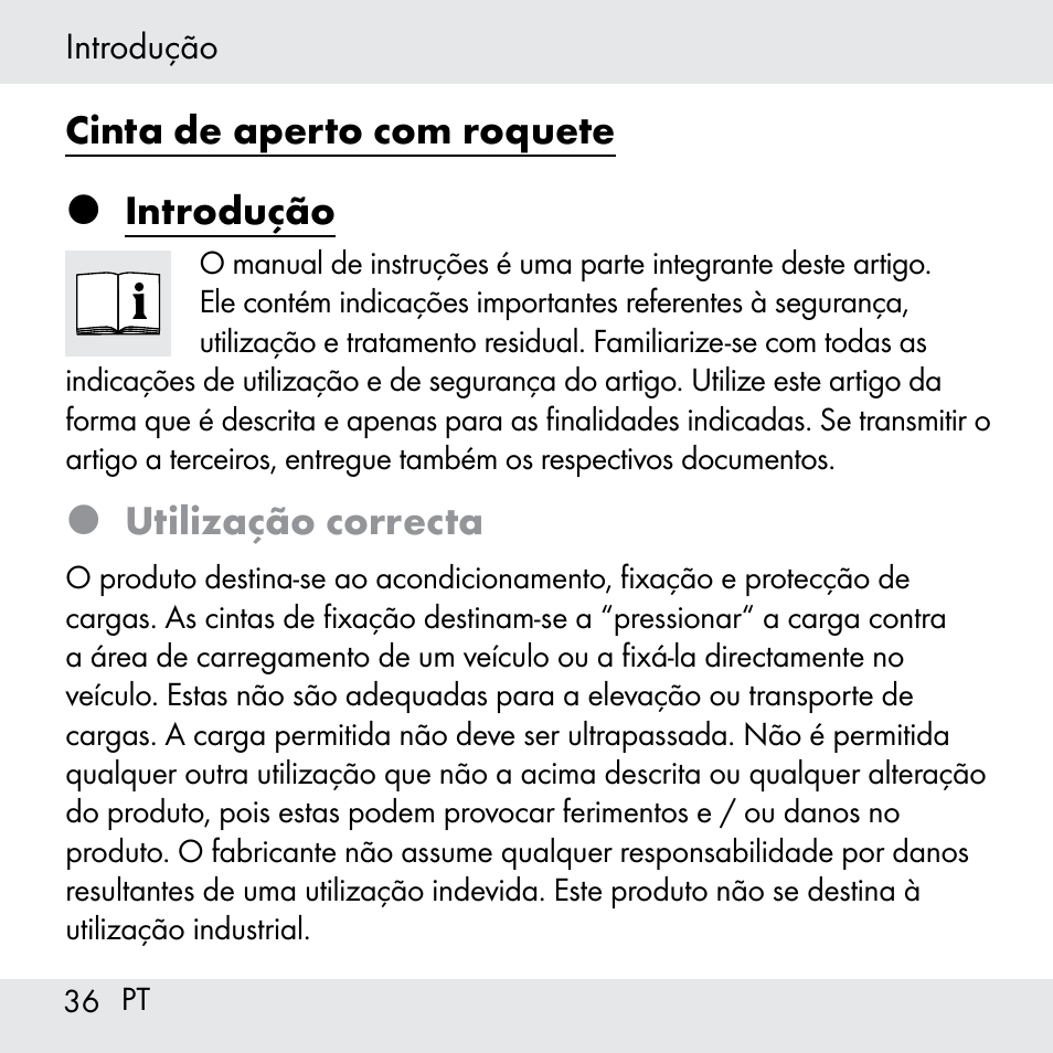 Cinta de aperto com roquete  introdução, Utilização correcta | Powerfix Z31361 User Manual | Page 36 / 80