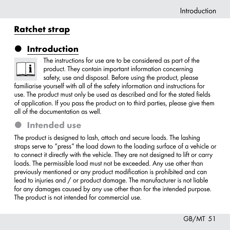 Ratchet strap  introduction, Intended use | Powerfix Z31361 User Manual | Page 51 / 80