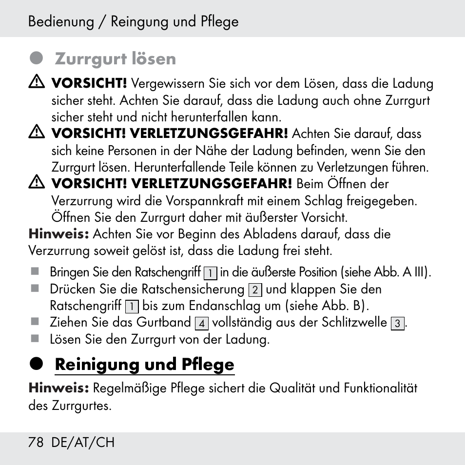 Zurrgurt lösen, Reinigung und pflege | Powerfix Z31361 User Manual | Page 78 / 80