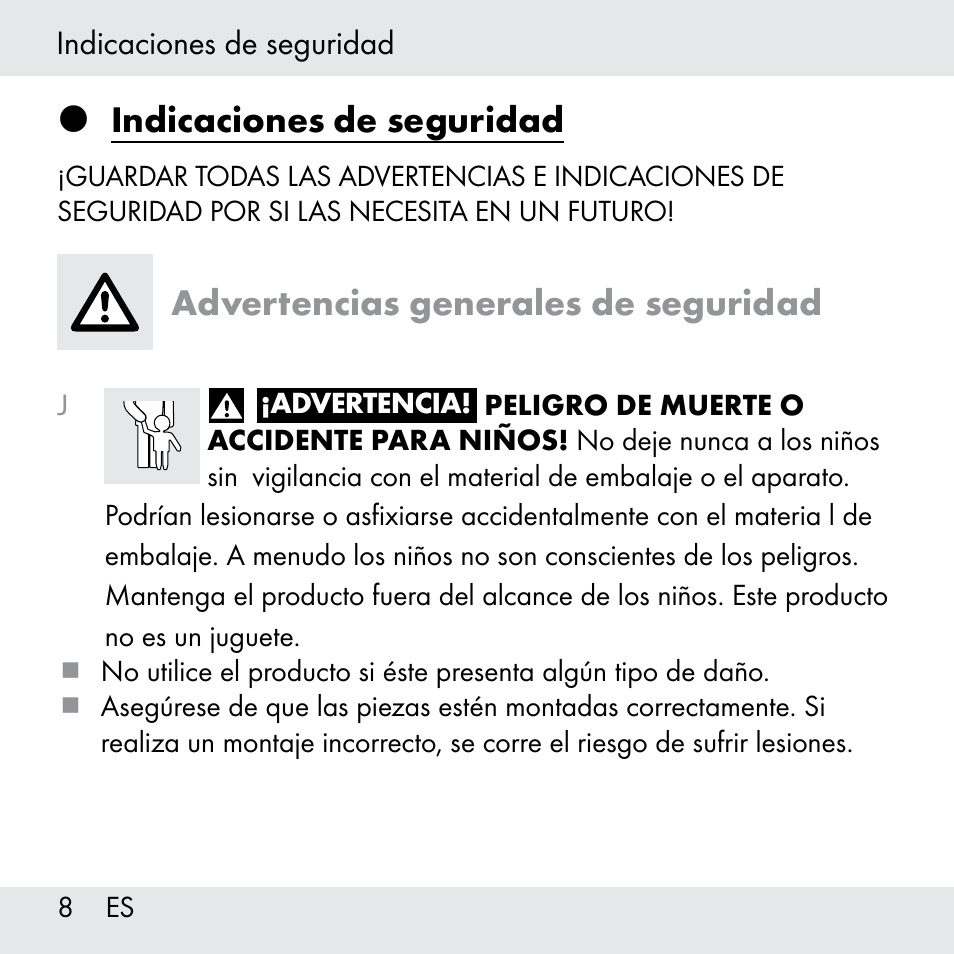 Indicaciones de seguridad, Advertencias generales de seguridad | Powerfix Z31361 User Manual | Page 8 / 80