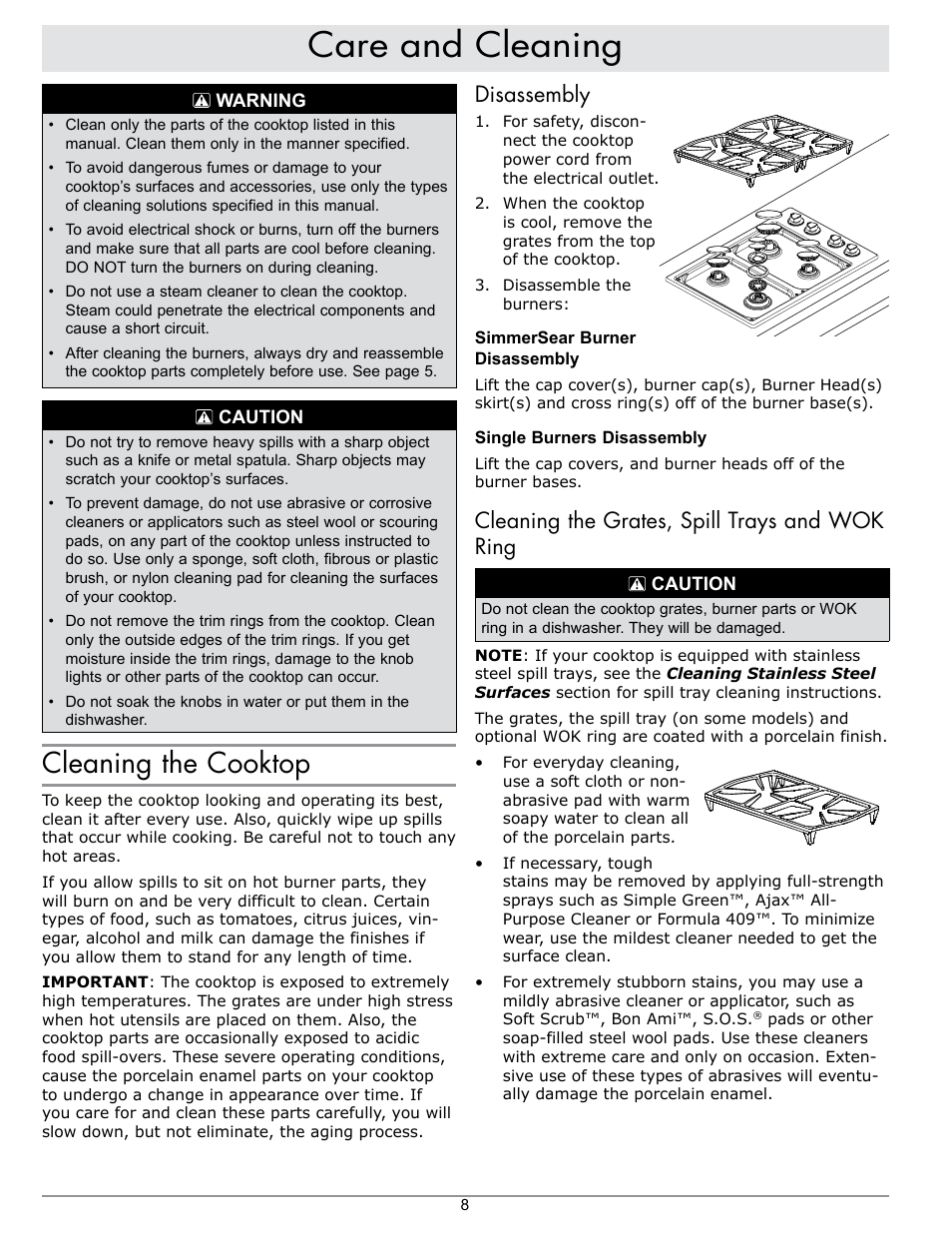 Care and cleaning, Cleaning the cooktop, Disassembly | Cleaning the grates, spill trays and wok ring | Dacor PGM304-1 User Manual | Page 10 / 16