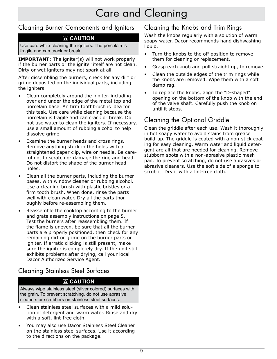 Care and cleaning, Cleaning burner components and igniters, Cleaning stainless steel surfaces | Cleaning the knobs and trim rings, Cleaning the optional griddle | Dacor PGM304-1 User Manual | Page 11 / 16