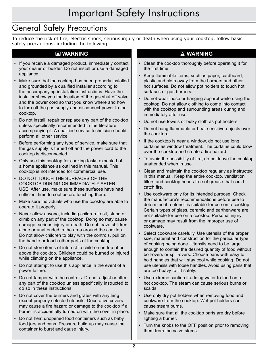 Important safety instructions, General safety precautions | Dacor PGM304-1 User Manual | Page 4 / 16