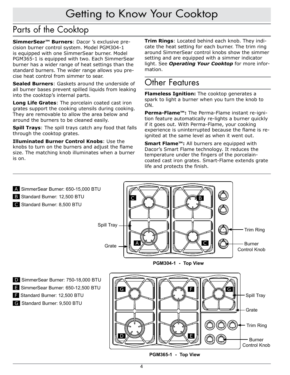 Getting to know your cooktop, Parts of the cooktop, Other features | Dacor PGM304-1 User Manual | Page 6 / 16