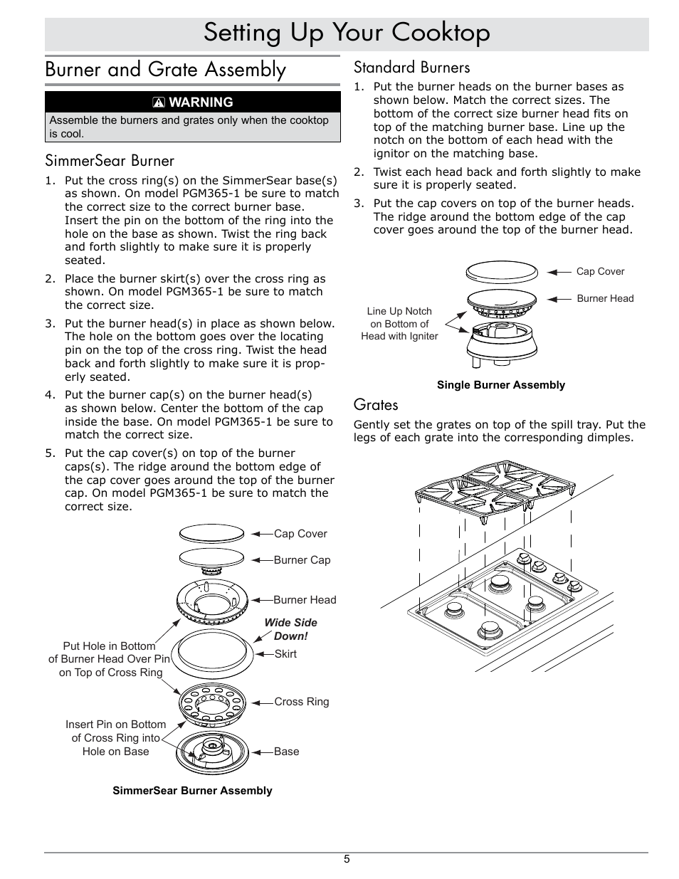 Setting up your cooktop, Burner and grate assembly, Standard burners | Grates, Simmersear burner | Dacor PGM304-1 User Manual | Page 7 / 16