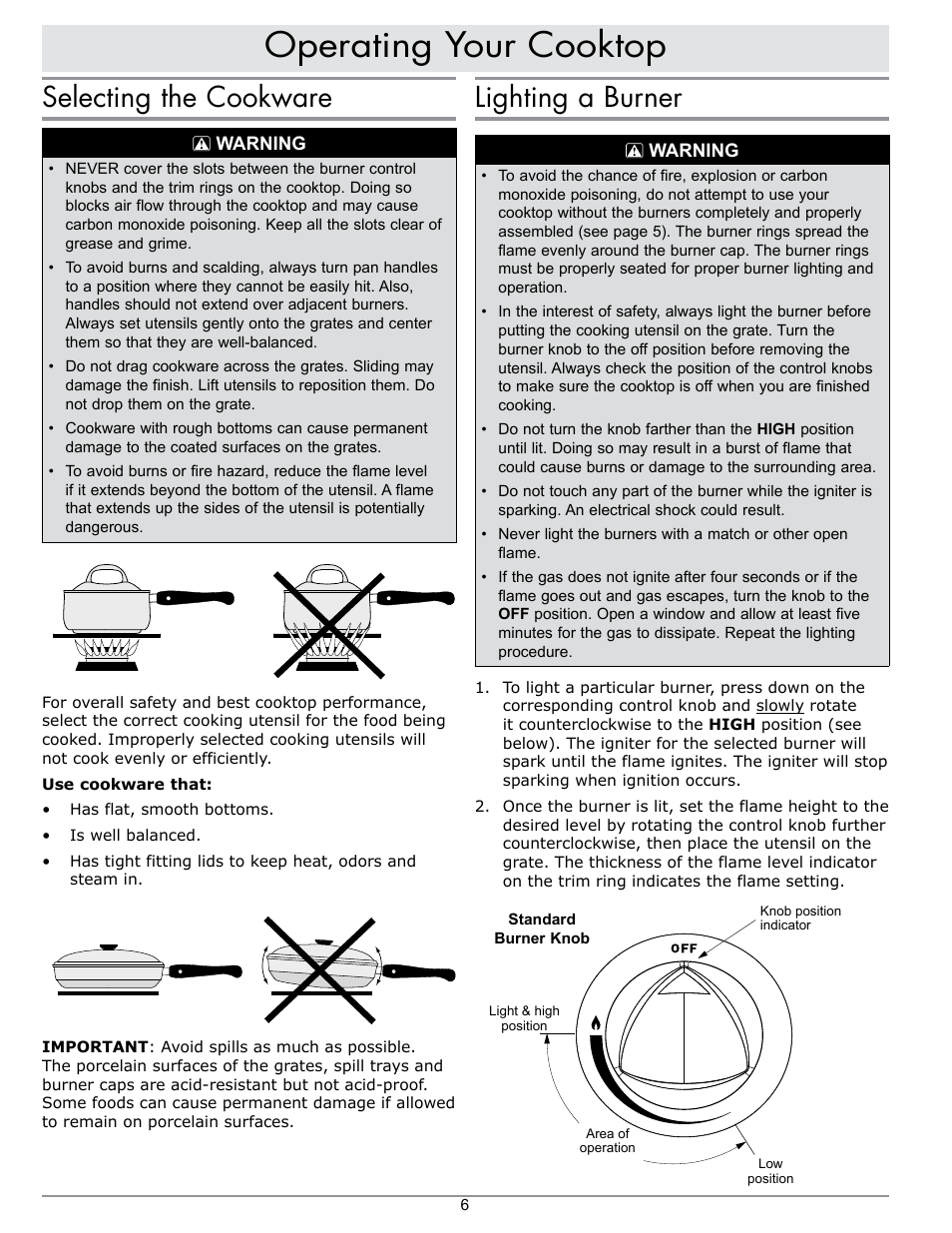 Operating your cooktop, Lighting a burner, Selecting the cookware | Dacor PGM304-1 User Manual | Page 8 / 16