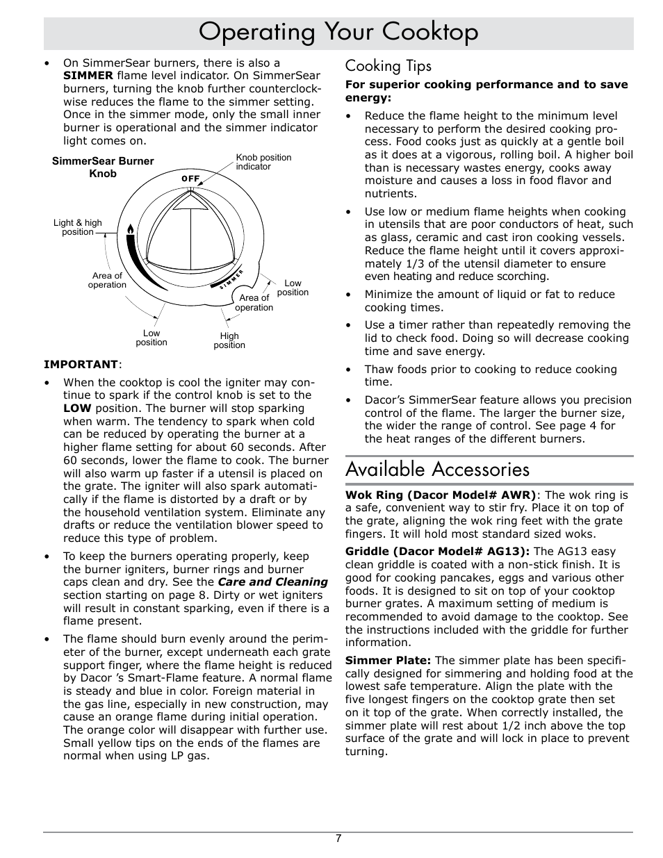 Operating your cooktop, Available accessories, Cooking tips | Dacor PGM304-1 User Manual | Page 9 / 16