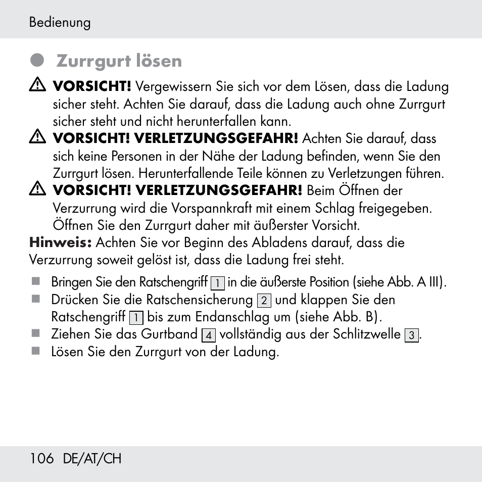 Zurrgurt lösen | Powerfix Z31361 User Manual | Page 106 / 108