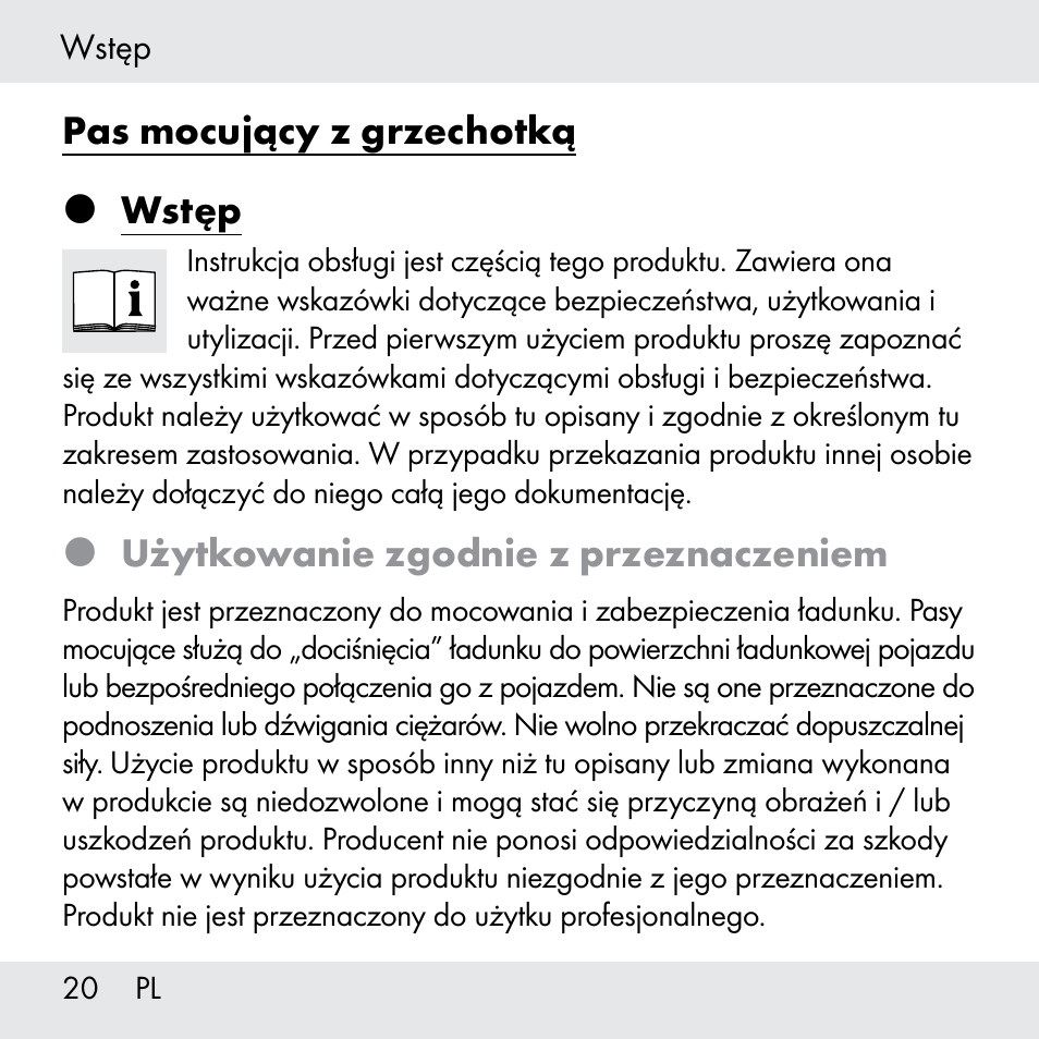 Pas mocujący z grzechotką  wstęp, Użytkowanie zgodnie z przeznaczeniem | Powerfix Z31361 User Manual | Page 20 / 108