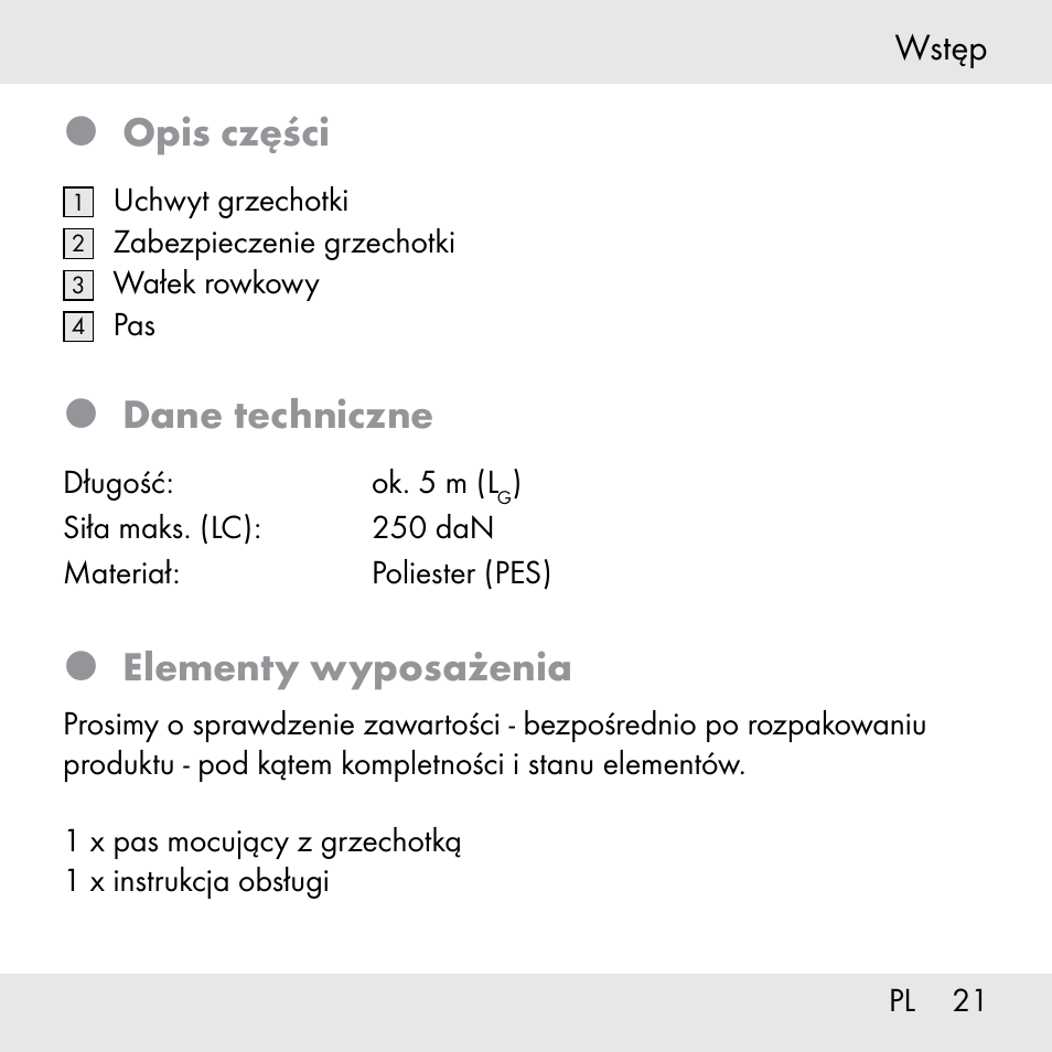 Opis części, Dane techniczne, Elementy wyposażenia | Powerfix Z31361 User Manual | Page 21 / 108