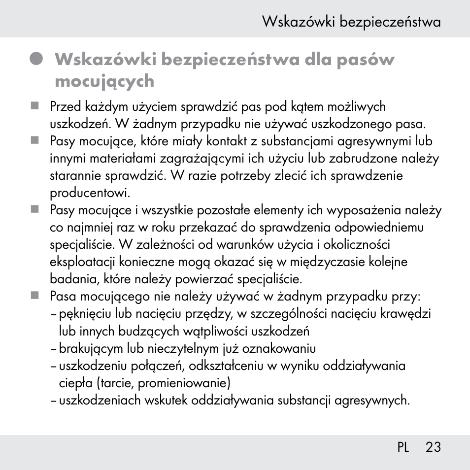 Wskazówki bezpieczeństwa dla pasów mocujących | Powerfix Z31361 User Manual | Page 23 / 108
