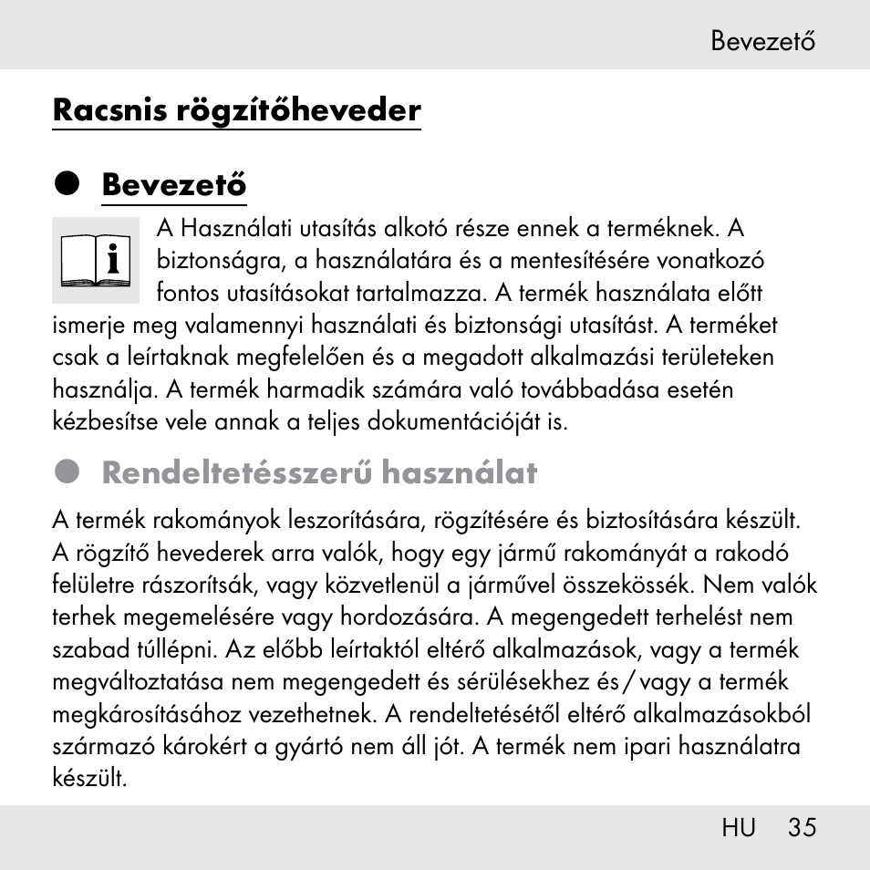 Racsnis rögzítőheveder  bevezető, Rendeltetésszerű használat | Powerfix Z31361 User Manual | Page 35 / 108