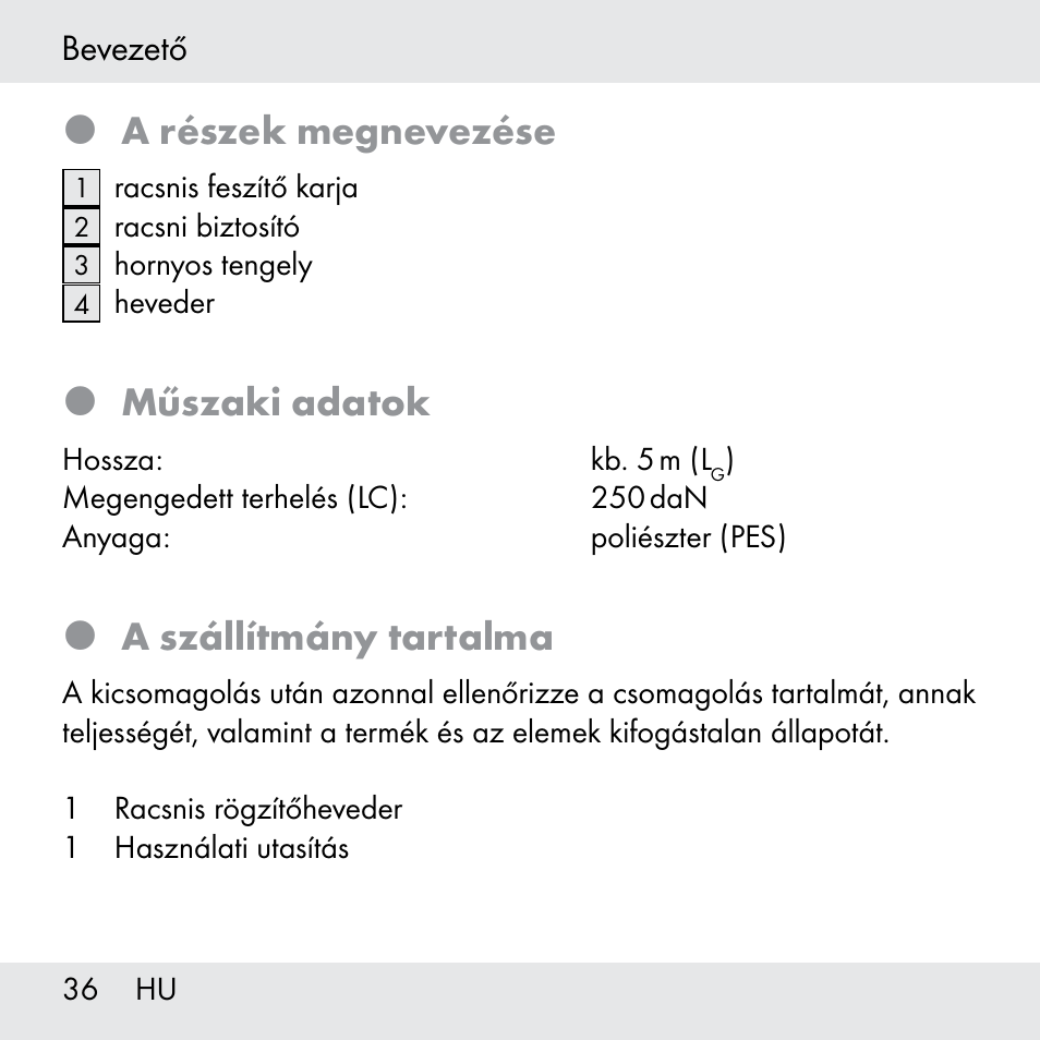 A részek megnevezése, Műszaki adatok, A szállítmány tartalma | Powerfix Z31361 User Manual | Page 36 / 108